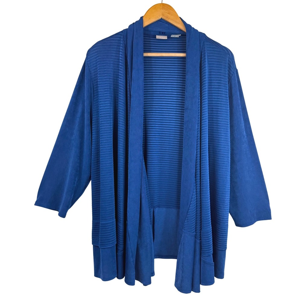 Chico's Travelers Open Front Cardigan Draped Ribbed Blue Travel Office Size 2 L